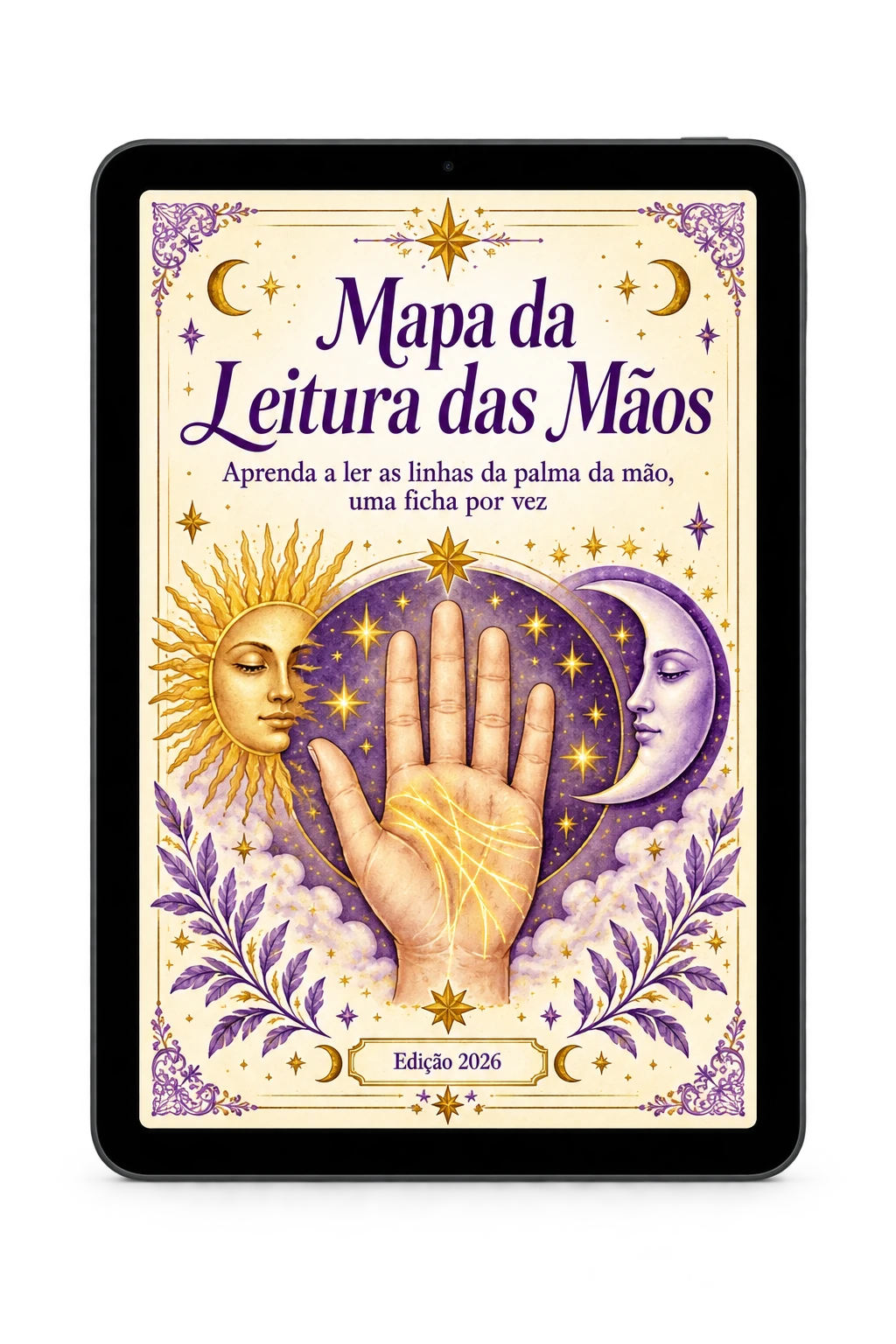 Tablet ilustrativo com a capa Mapa da Leitura das Mãos